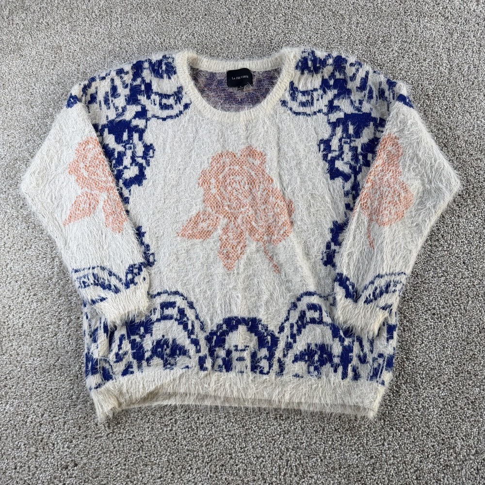 La Fee Verte Sweater Womens Large White Crew Neck Floral Fuzzy Knit Pullover